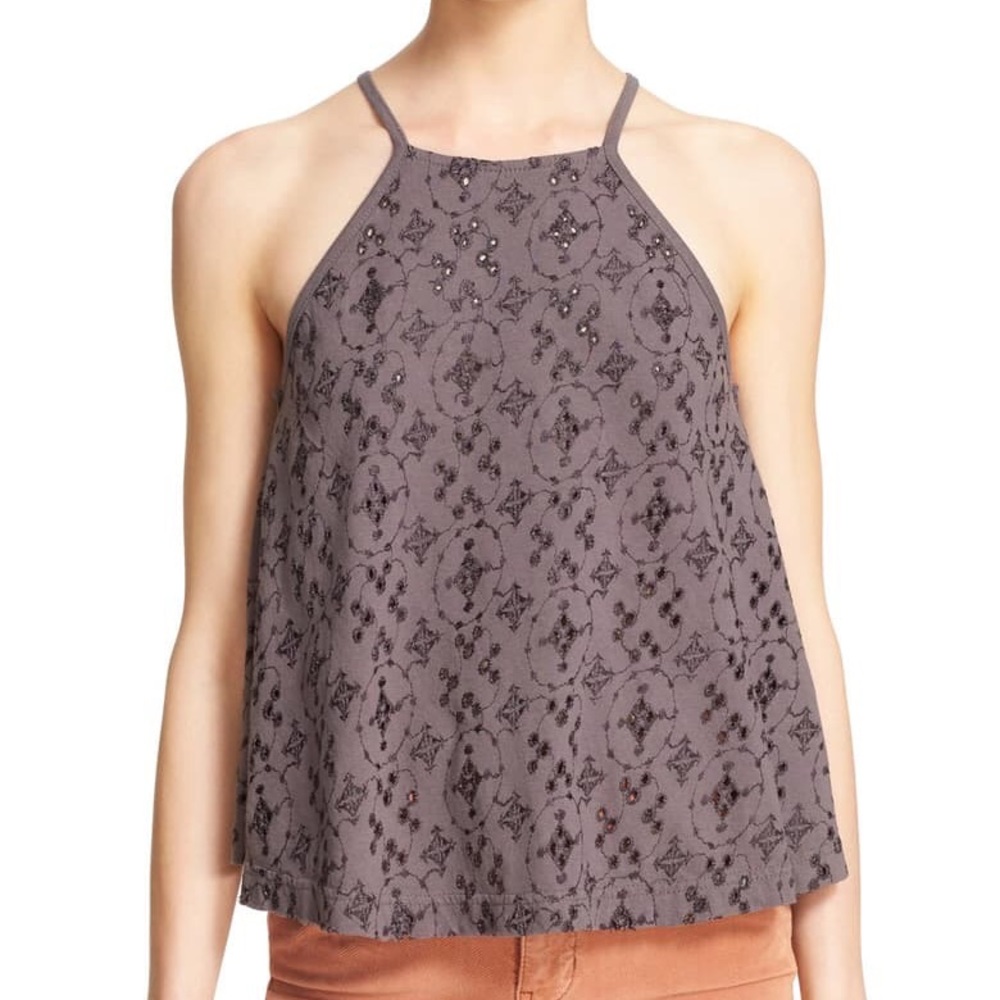Free People “Dream Date” Gray Eyelet Tank